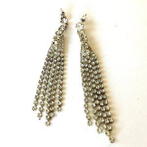 Rhinestone Vintage Earrings, Fringe Long Multistrand, Statement Jewelry